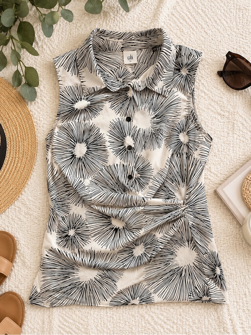 CAbi Black & White Collared Twist-Waist Tank